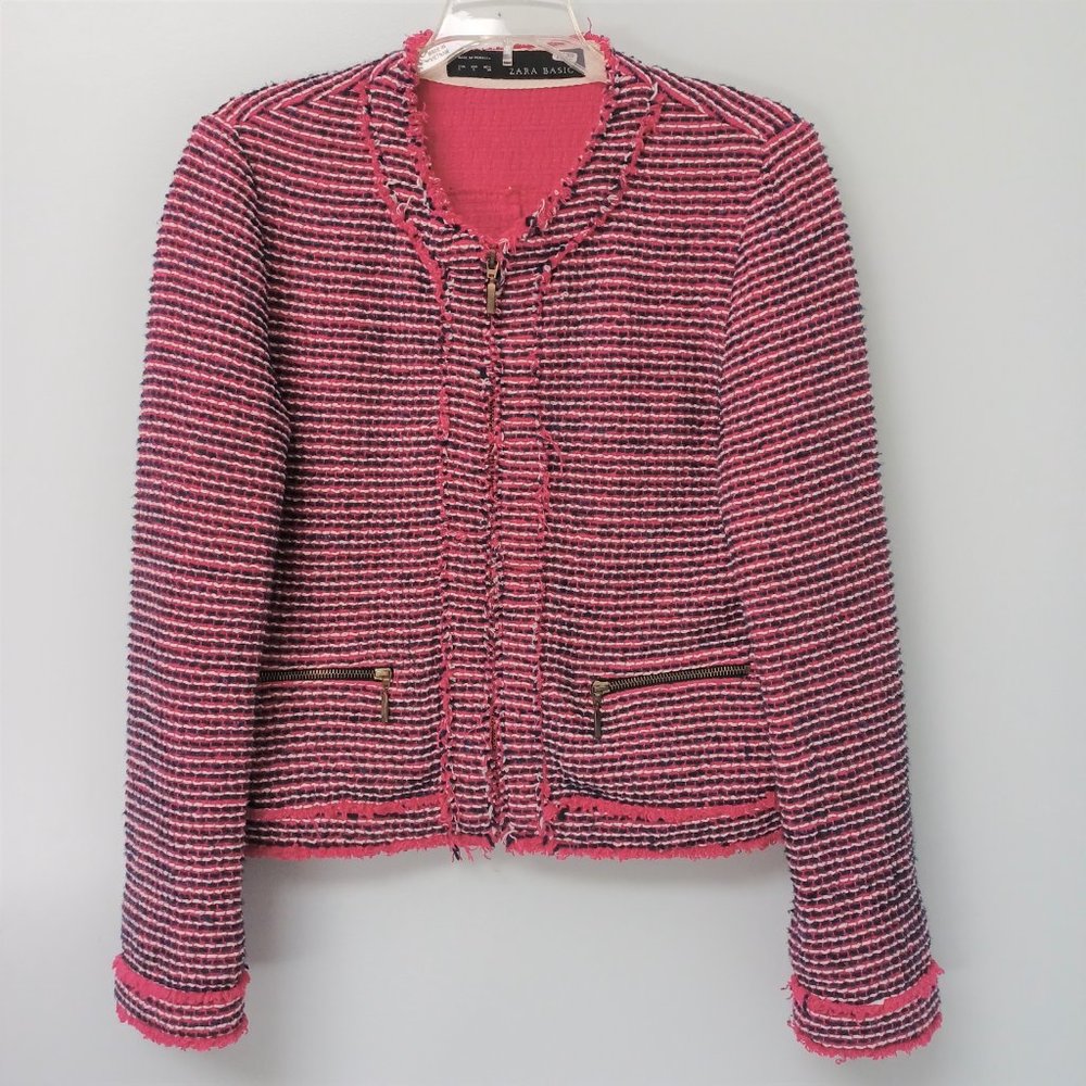 Zara Pink Tweed Fringe Jacket Boucle Size Large Zipper Front Professional L